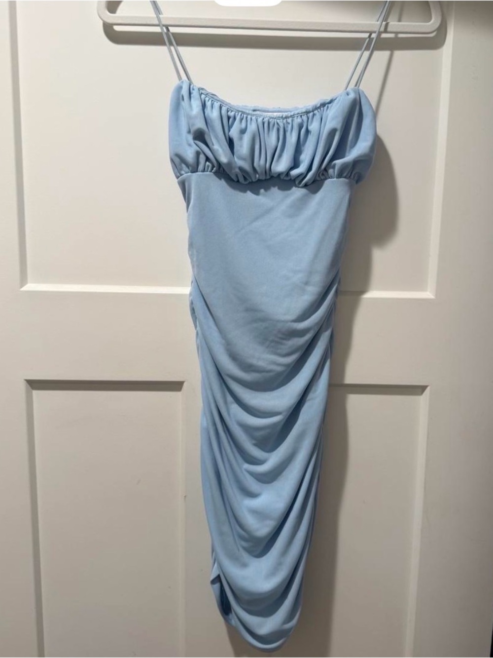 Hello Molly Pastel Blue Ruched Spaghetti-Strap Midi Dress